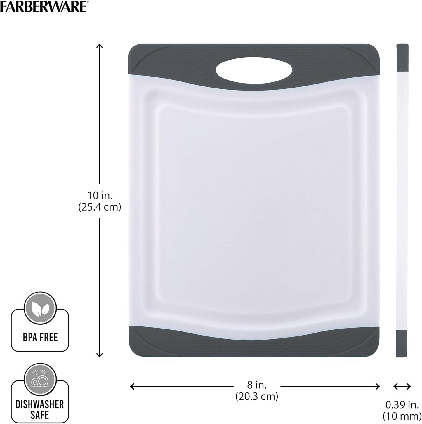 Farberware Nonslip Poly Cutting Board, 8x10-Inch, Gray and White