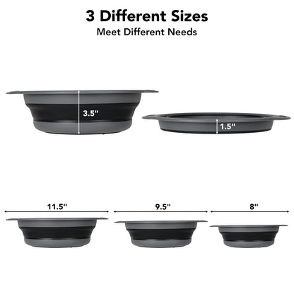 Collapsible Colander Set of 3 with Kitchen Counter Self-draining Base, Round Silicone Food Foldable Strainer for Cooking Pasta, Vegetables and Fruit (3QT, 4QT and 5QT), Black