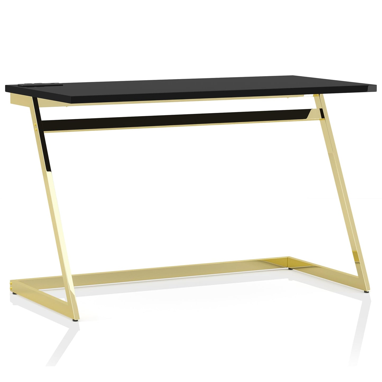 24/7 Shop at Home Ruthetta Modern Metal Writing Desk with USB Port, Power Outlet for Workstation, Home Office, Study Room, Glossy Black and Brass