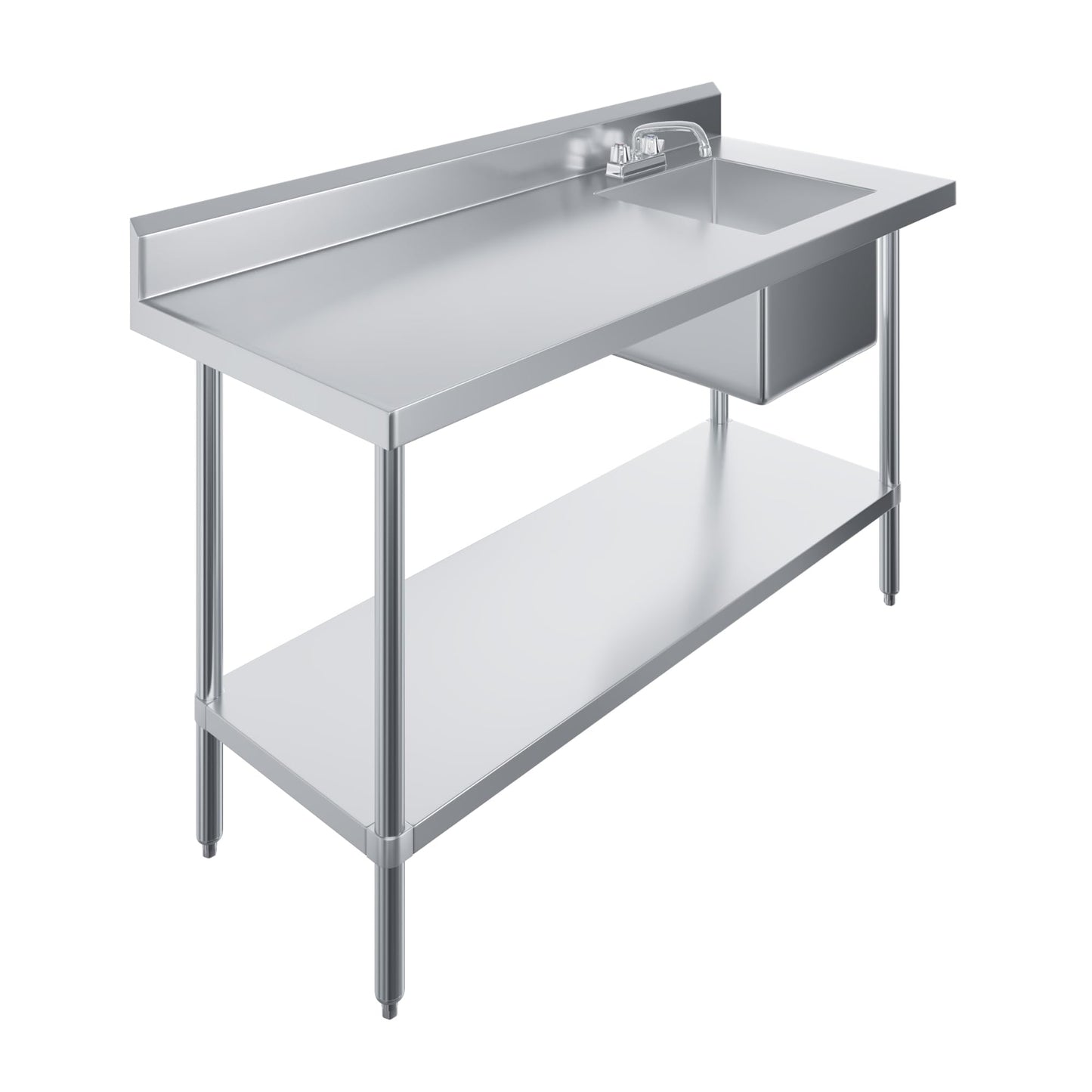 60 Inch Stainless Steel Work Table with Sink, 24 in. x 60 in. Commercial Prep Table with Right Side Sink, Faucet & Undershelf, Heavy Duty Kitchen Utility Workstation, NSF