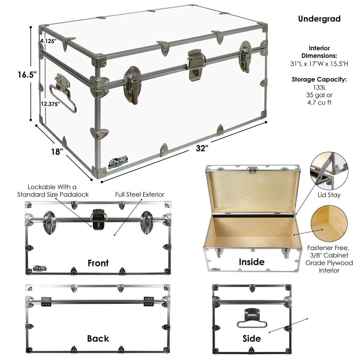 C&N Footlockers - Large Undergrad Storage Trunk w/Wheels - Made in the USA - Only STEEL Footlocker on Amazon - Durable Chest with Lid Stay - 32 x 18 x 16.5 Inches (Mint)