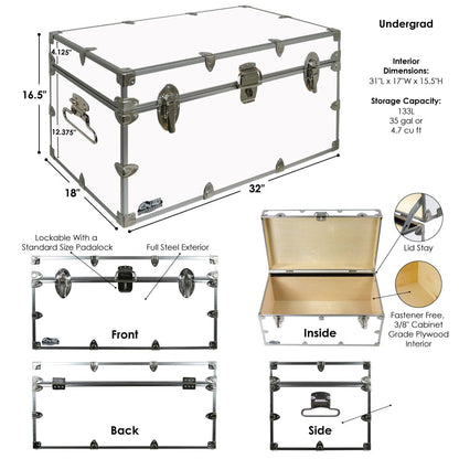 C&N Footlockers - Large Undergrad Storage Trunk w/Wheels - Made in the USA - Only STEEL Footlocker on Amazon - Durable Chest with Lid Stay - 32 x 18 x 16.5 Inches (Mint)