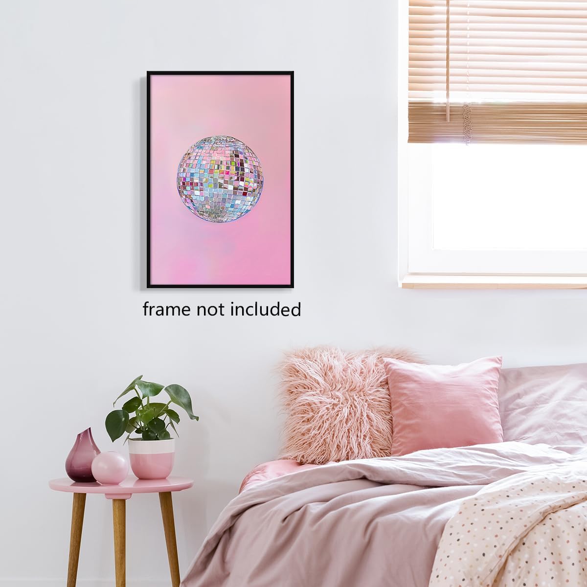 xbsifyiooa 16x24in Silver Disco Ball Canvas Wall Art, Bright Pastel Pink Girly Poster, Trendy Dopamine Mirrorball Wall