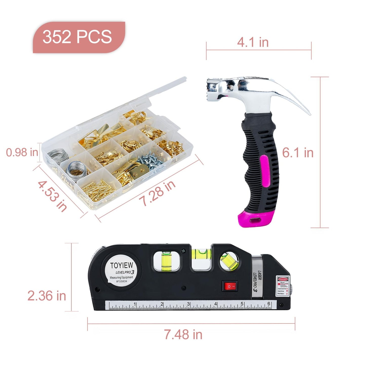 TOYIEW Picture Hanging Kit Tool, 352pcs Hanging Hardware with Heavy Duty Frame Hooks, Wire, Nails, D Rings, Photo Sawtooth Hangers, Wall Art Hanging Kit with Laser Level, Pink Claw Hammer