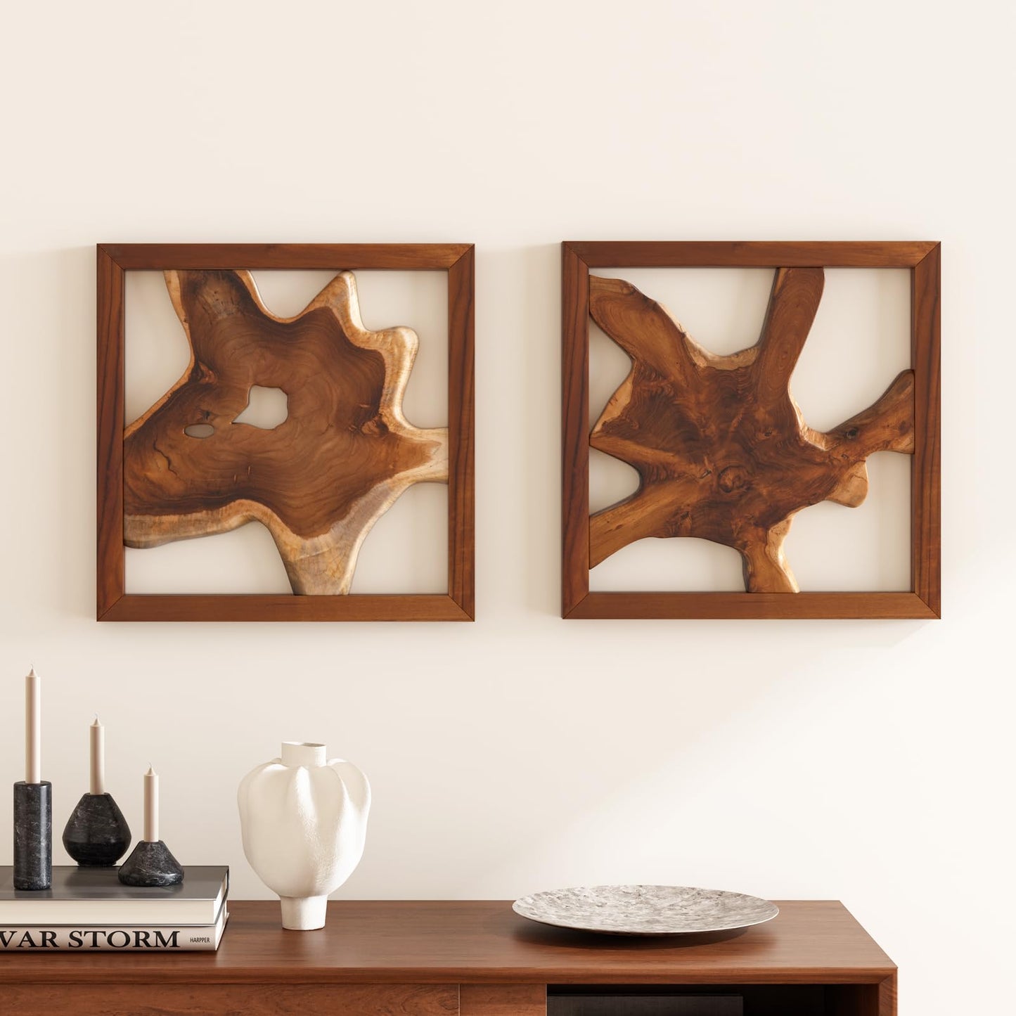 JOLLYMER 2 Pack Live Edge Teak Wood Wall Decor, Rustic Wooden Wall Art, Handcrafted Home Decoration for Living Room Bedroom Office, 17"x17" Natural Frame