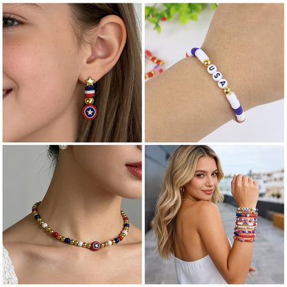 YXFEIR 2480pcs Clay Beads & Charms Jewelry Making Kit, 4th of July White Red Blue Beads Bracelet with Clay Beads Glass Seed Beads, Patriotic-Themed Bracelet Making Kit with Letter Beads and Charms