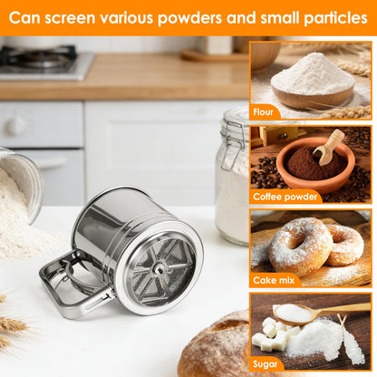 Flour Sifter for Baking, 3 in 1 Stainless Steel 3 Cup Flour Sieve Fine Mesh Sifter, Double-layer Squeeze Baking Sifter, Powdered Sugar Shaker Duster Set for Baking Cakes, Pastries, Cupcakes, Desserts
