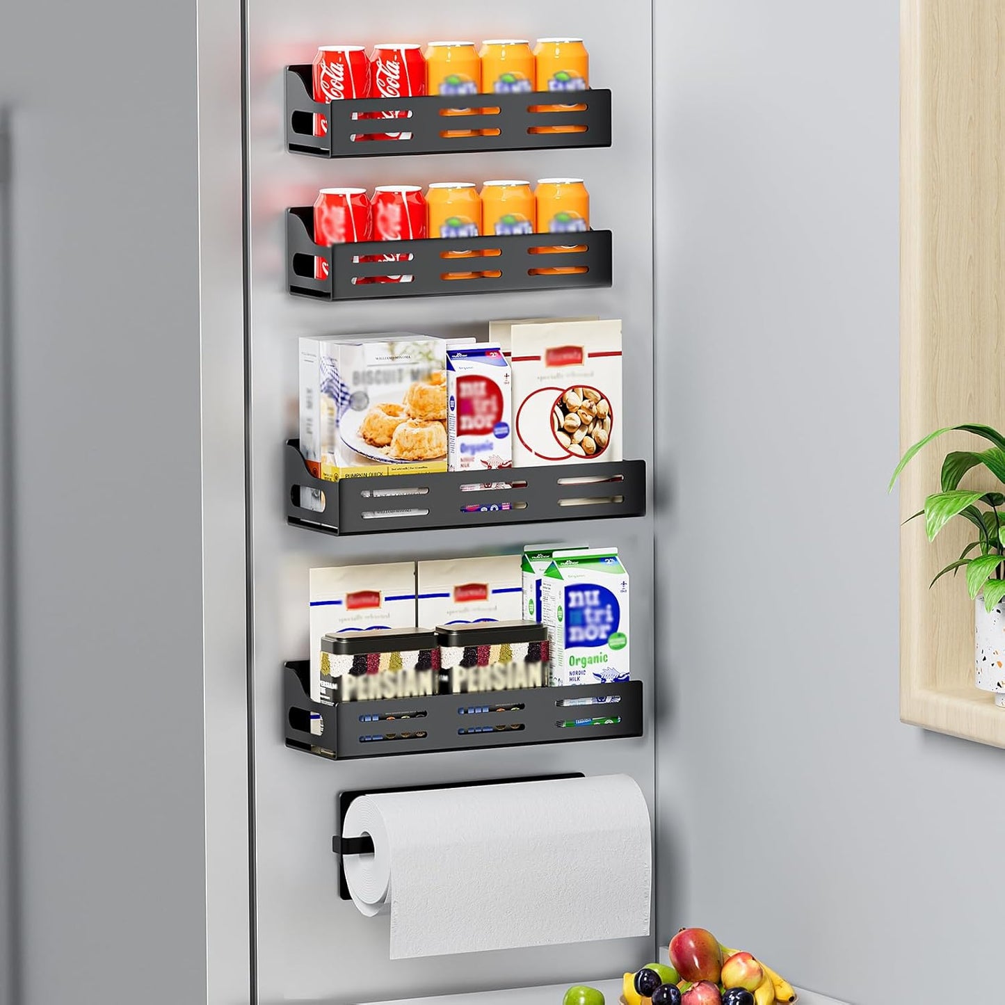 5 Pack Carwiner Magnetic Spice Rack for Refrigerator with Paper Towel Holder, Strong Magnetic Fridge Shelf, Rustproof