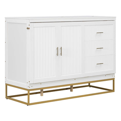 Merax Queen Size Murphy Cabinet Bed, Wood Folding Bed Frame with Wood Doors and Fake Drawers Design, Space-Saving Wall Bed for Guest Room and Home Office