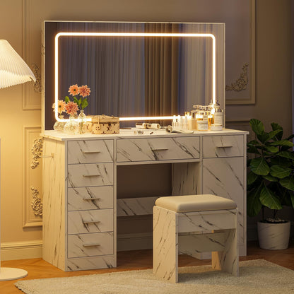 GarveeLife Modern Vanity Desk with LED Mirror – 7 Drawers, Power Outlets, Hair Dryer Holder, 3-Mode Adjustable Lighting – Makeup Dressing Table for Bedroom, Marble White Finish