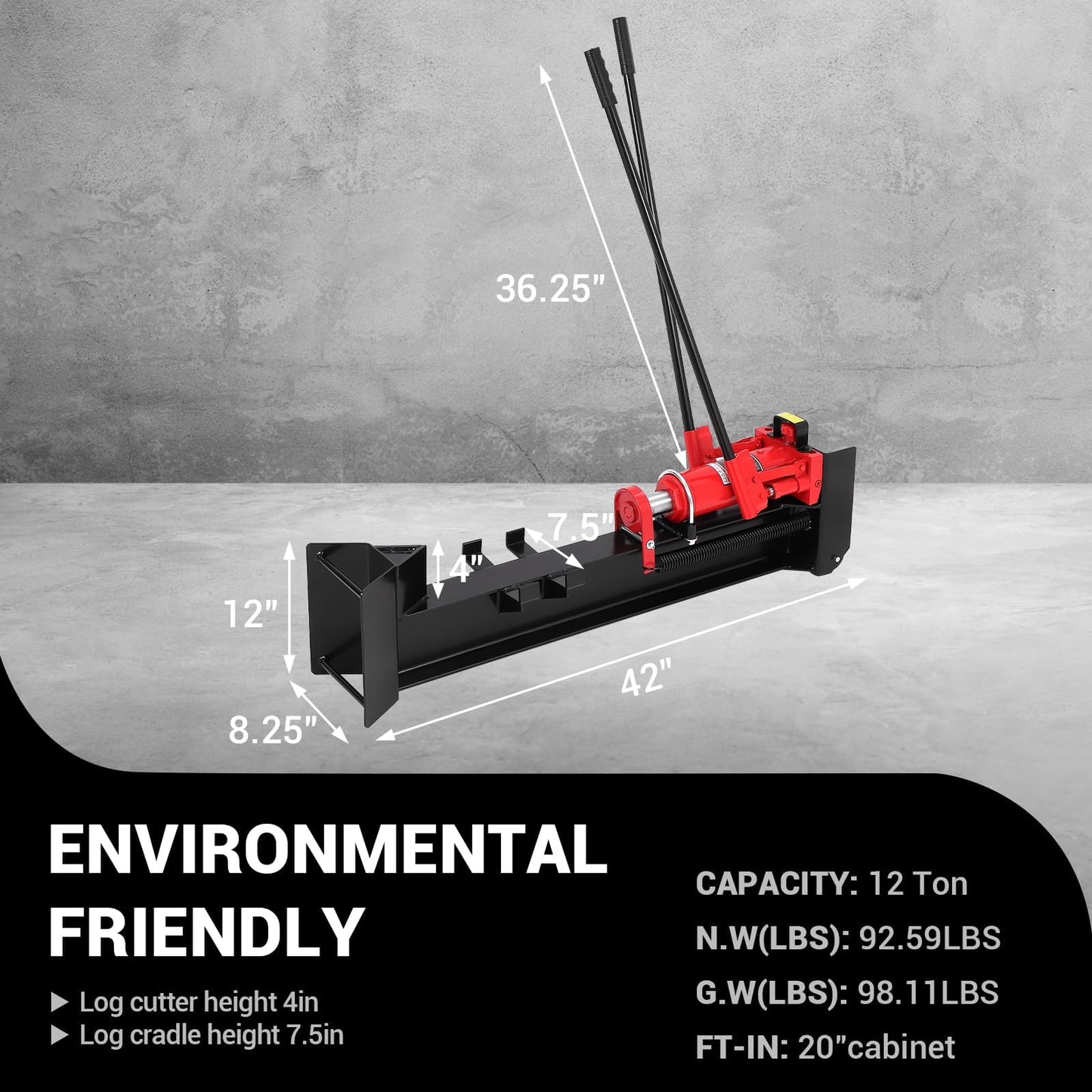 FinerFurnis 12 Ton Manual Hydraulic Log Splitter - Heavy Duty Steel Firewood Cutter - Horizontal Full Steel Beam, Spring-Loaded Return, Built-in Wheels, Portable Wood Splitter for Firewood - Firewood