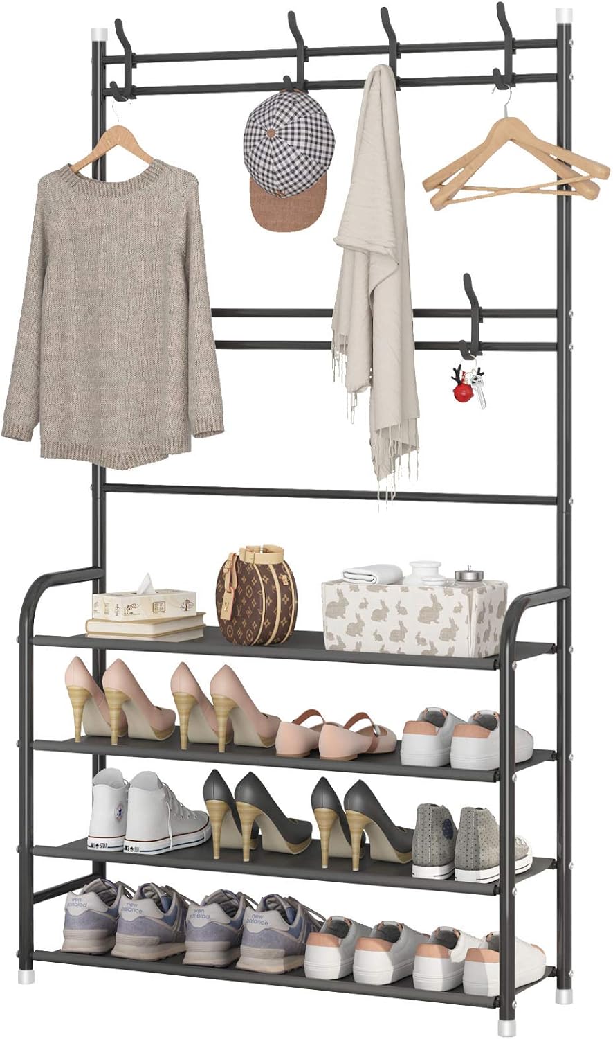 Rack,3-in-1 4-Tier 8 Hooks,16-20 UDEAR Entryway Coat Hall Tree Multifunctional Storage Shelf with Shoe Bench and Pairs