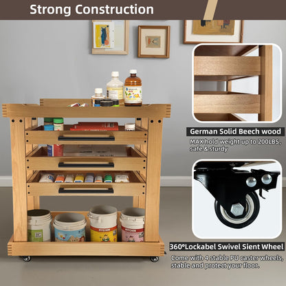 Stuelloaf Art Supplies Cart 5-Tier Organizer,Solid Beeach Wood with 3 Drawers and Caster Wheels, Rolling Utility Storage Cart for Studio, Classroom, Artists