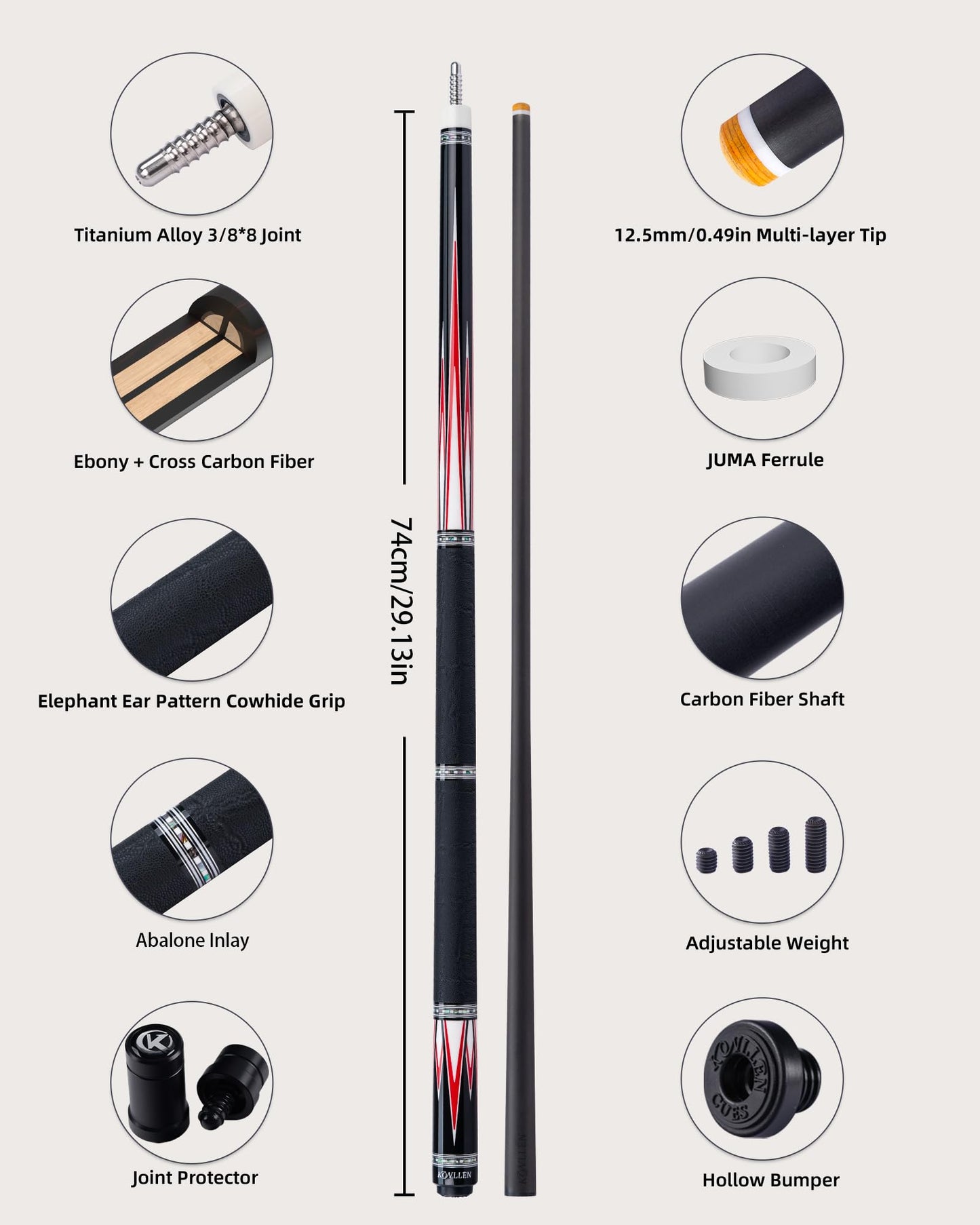 KONLLEN 2.0 Pool Cue Complete Set with Case & Extras | Hand-Inlaid Carbon Fiber Pool Cue with Professional Taper | Low Deflection Shaft for Adults & League Players