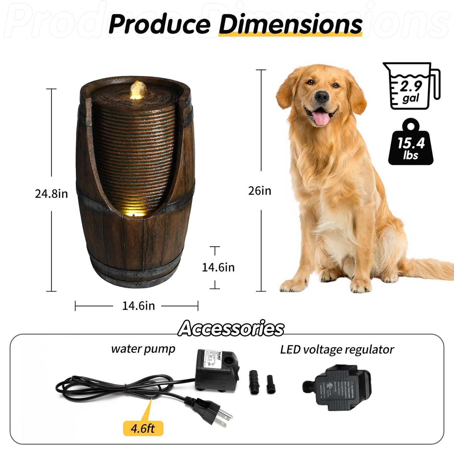 mdj pottery 24.8" Tall Outdoor Water Fountain, Rustic Barrel Style Cascading Resin Waterfall with Warm LED Lights, Weather-Resistant Patio Fountain for Patio Yard Porch - Brown Gray