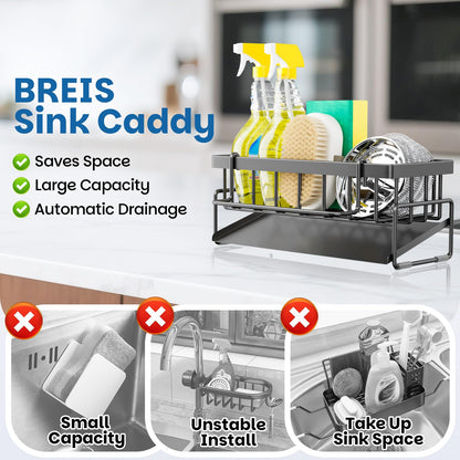 BREIS Kitchen Sink Caddy Organizer with Rag Holder,Self-Draining Sponge Holder for Countertop Soap Dispenser Organizers and Storage Essentials,Kitchen Decor and Accessories