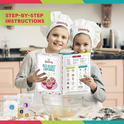 Baketivity Kids Baking Set, Meal Cooking Party Supply Kit for Teens, Real Fun Little Junior Chef Essential Kitchen Lessons, Includes Pre-Measured Ingredients (Baketivity Kit, Red Velvet)