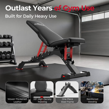FLYBIRD WB7 Weight Bench, Commercial Grade Adjustable Weight Bench - 1300LBS Workout Bench for Home Gym, Flat Incline Bench Press Heavy Duty Bench with 34'' Extra-Long Backrest and Easy-Roll Wheels