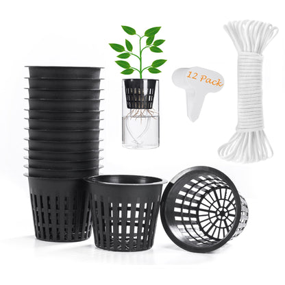 ORIMERC 12 pcs 3 inch Net Cup Quality Planting Mesh Pots/Baskets with Self Watering Wick Cord & Plant Labels for Garden Hydroponic Planting Pond Plants Planting Mason Jar Orchid Kratky Growing