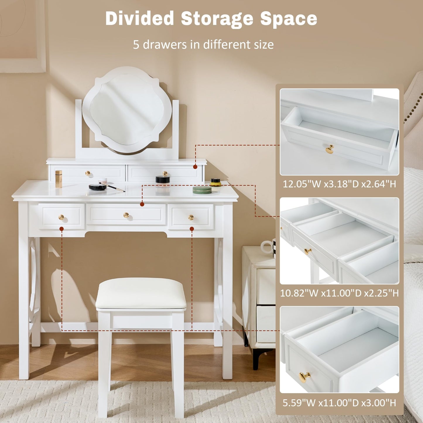 Merax 35.5 Inch Vanity Desk with Reversible Mirror, Compact White Makeup Vanity Table Set with 5 Storage Drawers & Chair, Modern Small Exquisite Dressing Table for Women Girls Bedroom Dorm