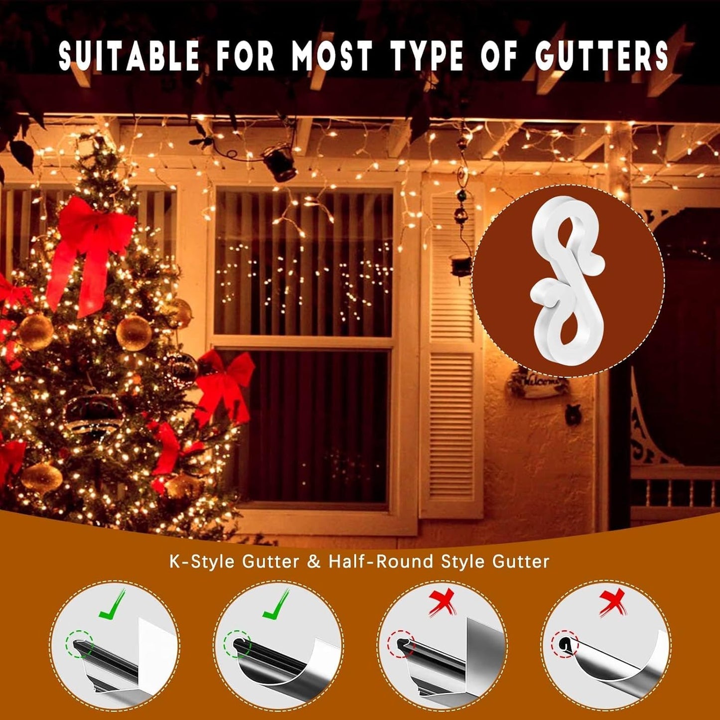 Meetory Christmas Light Clips, 100 Mini Hanging Hooks for Gutters & Shingles, Weatherproof Plastic Hooks