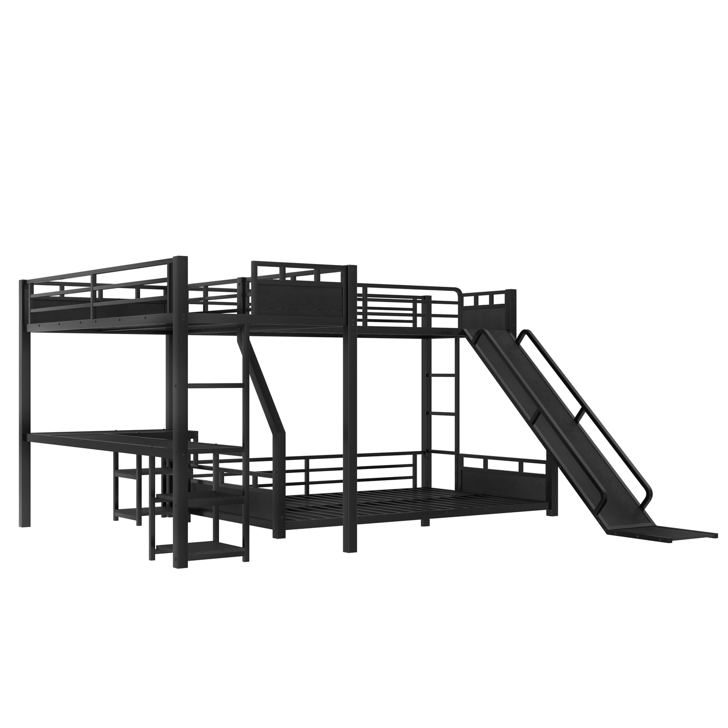 Metal Twin XL Over Queen Bunk Beds with Twin XL Loft Bed, Heavy Duty Triple Bunk Bed Frame with Slide and Desk,L-Shaped Triple Bunk Beds with Storage Shelves for 3 Kids,Black