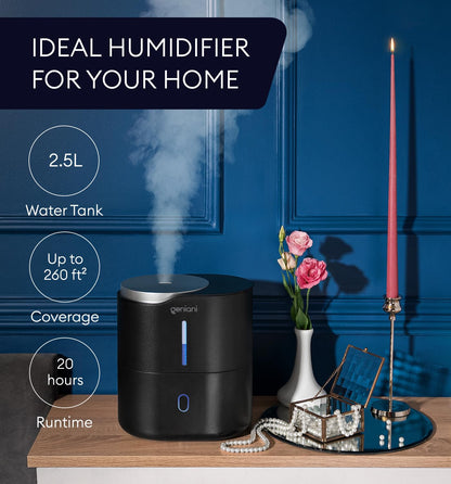 GENIANI Ultrasonic Cool Mist Humidifier for Bedroom, Large Rooms, Home, 4L - Easy Fill & Clean Humidifier for Plants w/Auto Shut-off, 40H Runtime - Quiet, Top Fill Air Humidifier