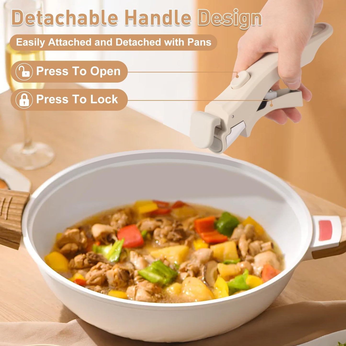 Wayona Removable Handle for Pots and Pans - Universal Detachable Pan Handle Replacement - Heat-Resistant Plastic, Stainless Steel, Silicone - Cream White