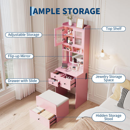 Garvee 3 in 1 Vanity Desk with LED Light, Tall Makeup Vanity Set with 2 AC Outlets & USB-c, Dressing Table with Drawers & Acrylic Doors, Nightstand Vanity Mirror, Jewelry Box, Cushioned Chair, Pink