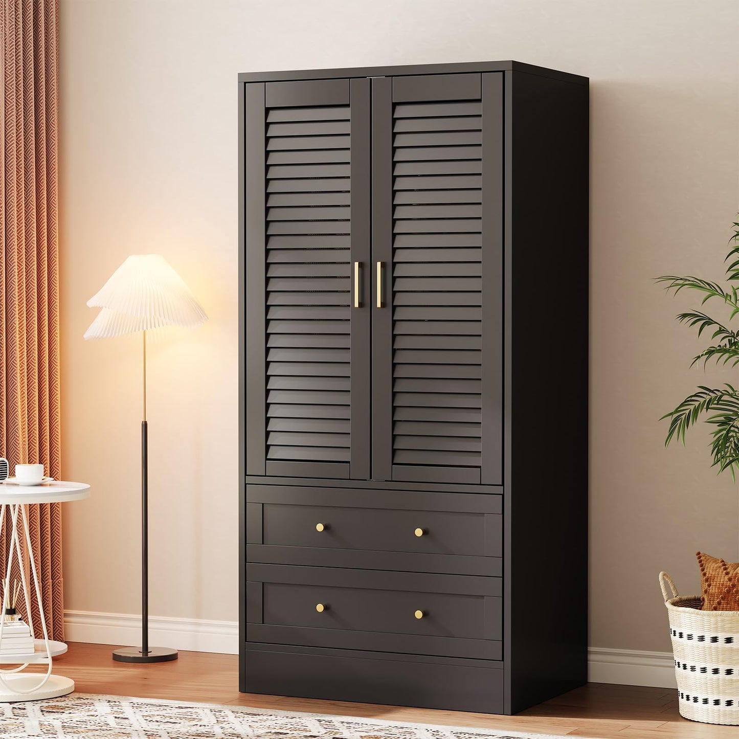Garvee 65" Louvered Armoire Wardrobe Closet with 2 Doors and 2 Drawers, Large Capacity Storage, Wooden Wardrobe Cabinet with Hanging Rod for Bedroom, Cloak Room, Laundry Room, Entrance Hall, Black