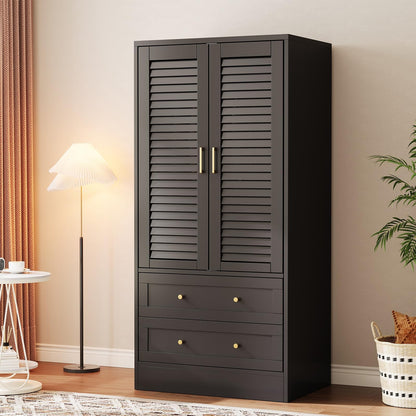 Garvee 65" Louvered Armoire Wardrobe Closet with 2 Doors and 2 Drawers, Large Capacity Storage, Wooden Wardrobe Cabinet with Hanging Rod for Bedroom, Cloak Room, Laundry Room, Entrance Hall, Black