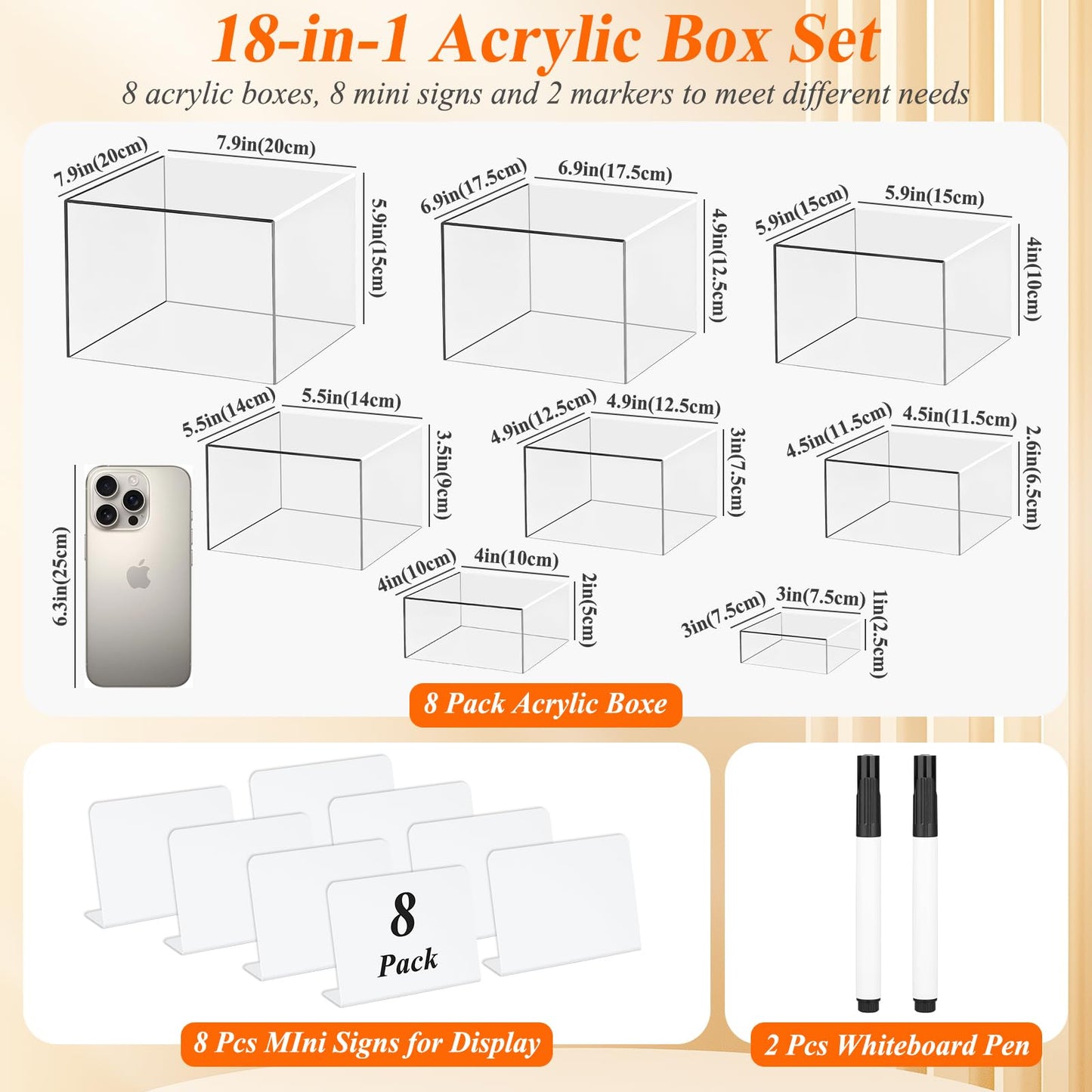 8 Pcs Clear Acrylic Boxes for Display, Acrylic Food Risers & Acrylic Cube Set (3"-8"), with 8 White Display Boards & 2 Markers, Clear Risers for Food, Decor, Party, Retail