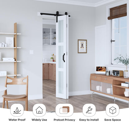 EaseLife 28"x 84" (Double 14" x 84") Bifold Barn Door, Bifold Sliding Barn Door with Hardware Kit, Solid MDF Wood Slab Covered with Water-Proof PVC Surface, Frosted Glass Panel, Assembly Required