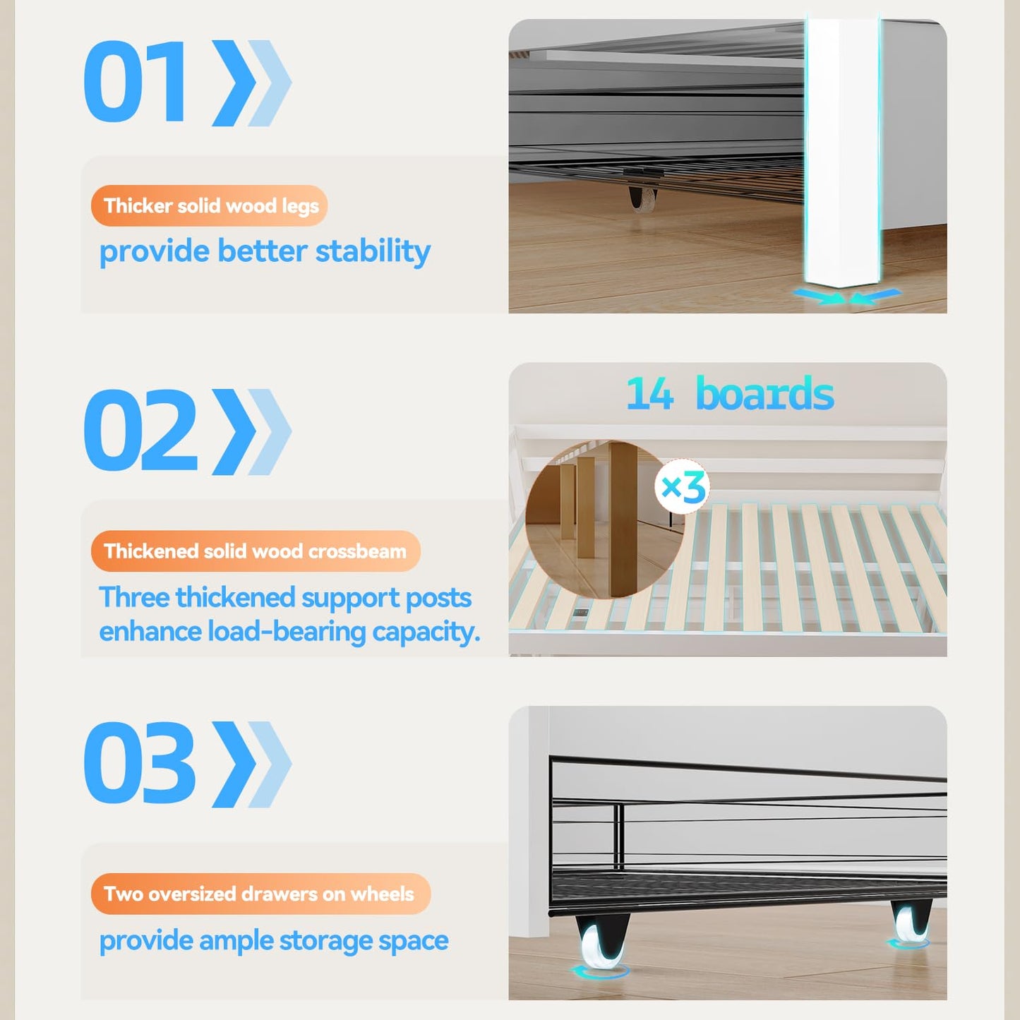 FJTJBSI Solid Wood Bunk Bed with Charging Station and LED Lights Detachable Bunk Bed Twin Over Twin with 2 Storage Drawers Full Size Bed Frame with Guardrail and Ladder for Kids Adults Bedroom