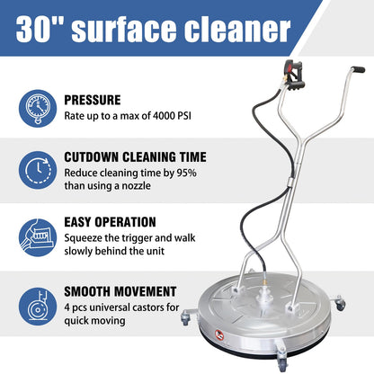 JANZ 30'' Pressure Washer Surface Cleaner with 4 Wheels,Dual Handle,Stainless Steel Housing, 2 Hose Adapters and 4 Replacement Nozzle Cores,Ideal for Driveways, Sidewalks,Patios,Decks Cleaning