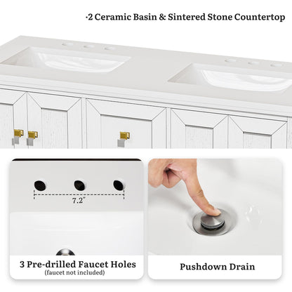 YITAHOME 47 Inch Bathroom Vanity with Double Sink, Retro Bathroom Storage Cabinet with Sintered Stone Countertop, Six Holes, 4 Doors & 3 Drawers