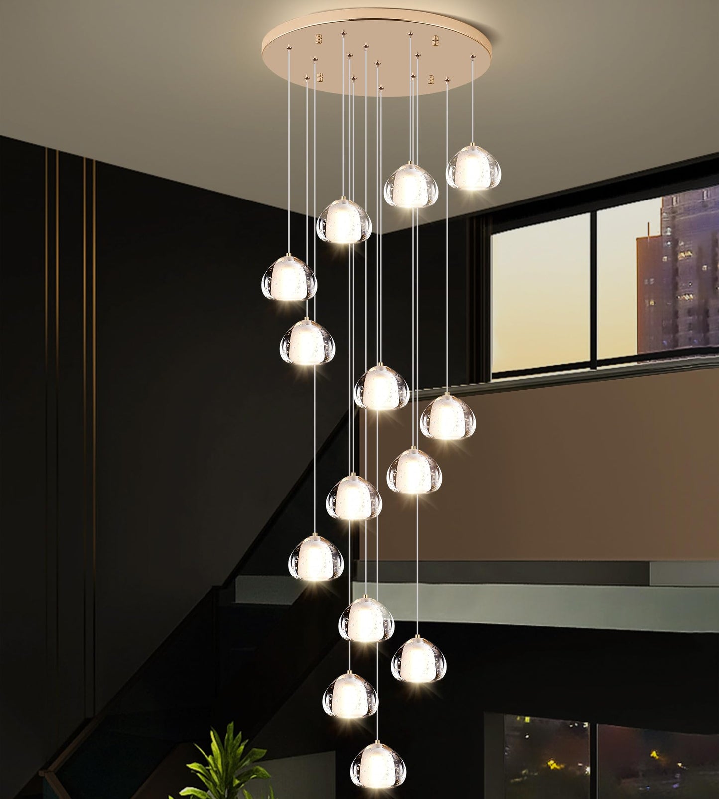 YwueChwu Gold Crystal Chandeliers for Staircase 14-Lights, H120 Inches Modern Indoor High Ceilings LED Pendant Light Fixture for Living Room Foyer Entryway