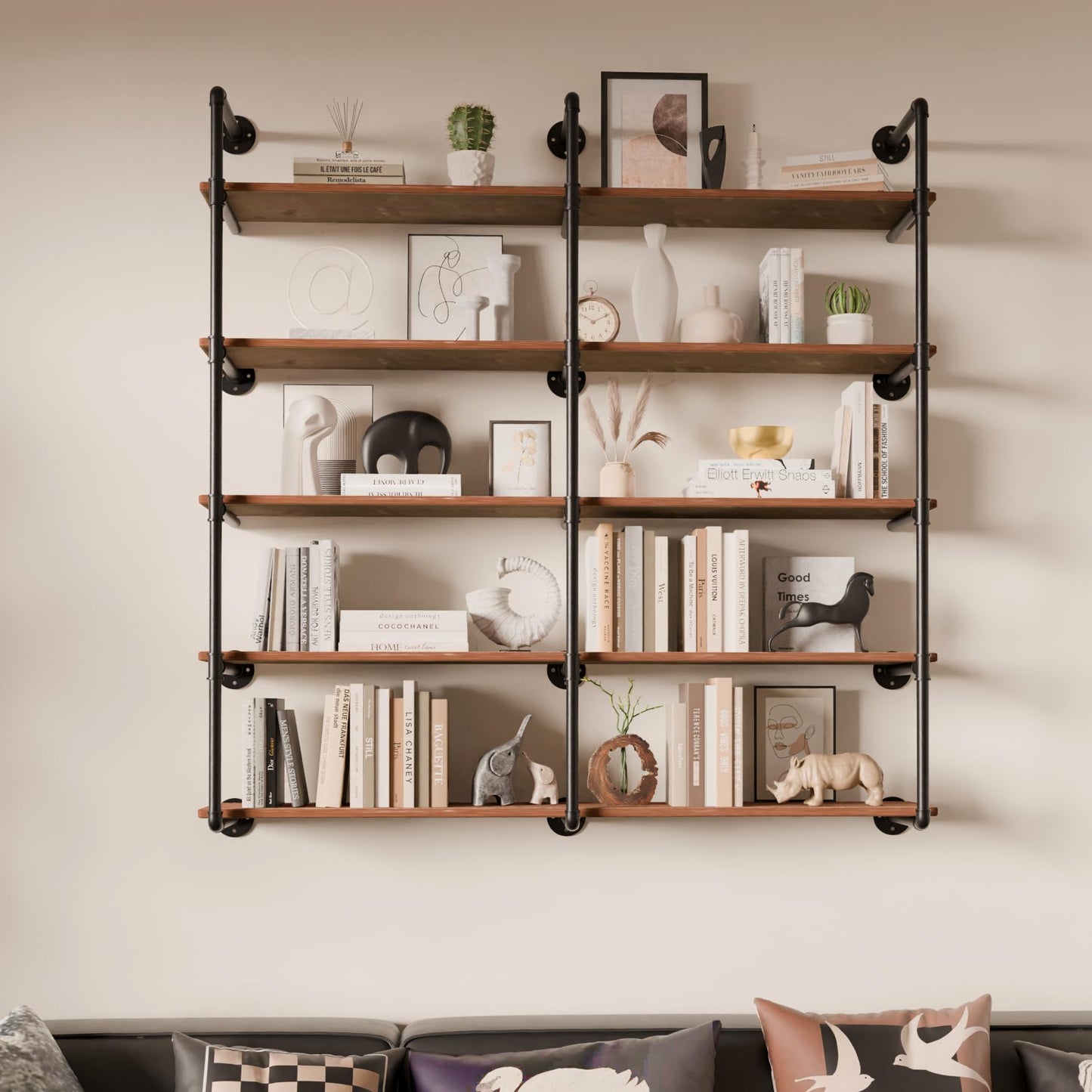 ONOTETUT Industrial Pipe Shelf 5 Tier,60 inch Industrial Wall Shelves with Solid Wood Plank,Pipe Shelving Wall Mounted for Farmhouse,Floating Pipe Book Shelves for Kitchen and Bar Shelving