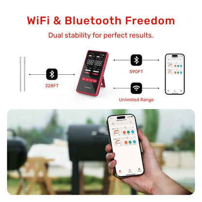 Meatmeet Wireless Meat Thermometer Digital with Dual Wi-Fi & Bluetooth, Meat Thermometer Wireless with 2 Probes, LED Display Base, 6 Sensors, IP69 Waterproof, for Grills, Ovens, Smokers & BBQs (X Pro)