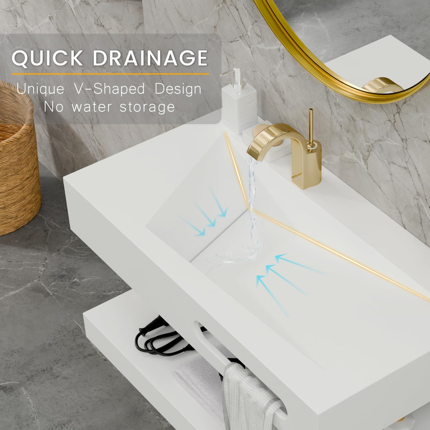 QJ&XY Resin Bathroom Sink 32" Wall Mounted V-Shaped White Basin with Towel Rack, Floating Vanity Sink in Soft-Touch Finish (Double Tier)