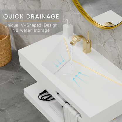 QJ&XY Resin Bathroom Sink 32" Wall Mounted V-Shaped White Basin with Towel Rack, Floating Vanity Sink in Soft-Touch Finish (Double Tier)