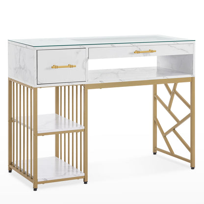 BarberPub Modern Manicure Table with Drawers, Marbling Texture Nail Desk with Storage Shelves, Glass Top, Beauty Salon Nail Station 2460 (White)