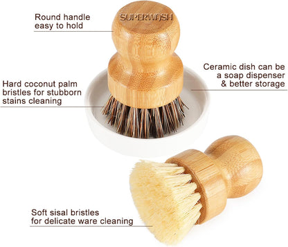 Bamboo Dish Brush with Ceramic Dish, Natural Bristle Palm Brush Pot Scrubber for Kitchen Sink, Cast Iron Pans - 2 Pack