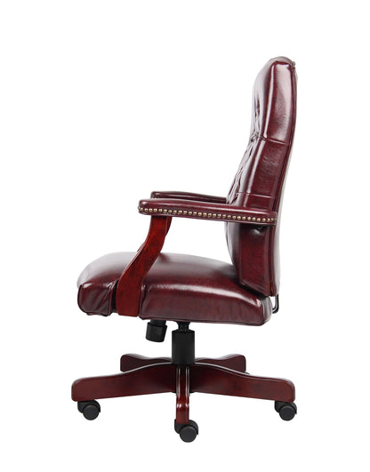 Pemberly Row High Back Executive Chair, Faux Leather with Tufted Design, Oxblood Finish, Mahogany Wood Frame, Height Adjustable with Rolling Casters, Padded Armrests, Office Chair 27" W x 28" D x