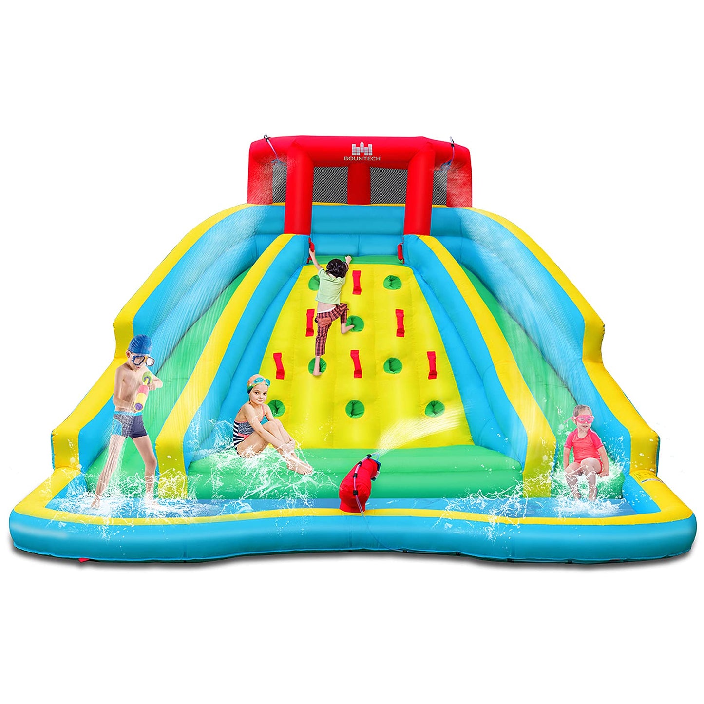 BOUNTECH Inflatable Water Slide Park, 15x12FT Double Slides Kids Mega Waterslide for Outdoor Racing Fun, Heavy Climbing Wall, Blow up Water Slides Inflatables for Big Kids Backyard Party Gifts