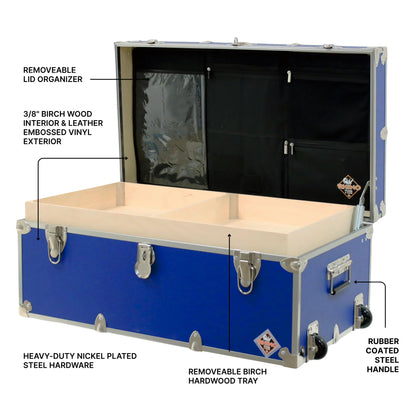 Rhino Trunk & Case Small Essential Trunk With Wheels, Tray, & Lid Organizer - 30"x17"x13", 1000+ lbs Capacity. Strong, USA Made Summer Camp Footlocker, and Secure College Dorm Storage Chest