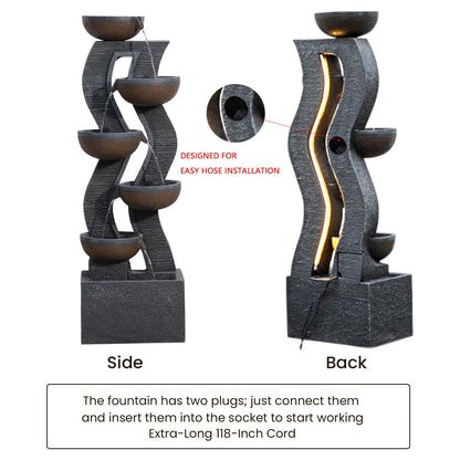 Takamota 52.8" Tall Outdoor Water Fountain with Lights, 6-Tier Cascading Resin Waterfall Feature for Porch, Garden, Yard, Deck, Patio – Large Freestanding Outdoor Fountain and Waterfall Outside Decor
