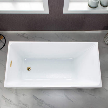 WOODBRIDGE 59" Acrylic Freestanding Bathtub Contemporary Soaking White Tub with Brushed Gold Overflow and Drain，B0085-BG-Drain&O