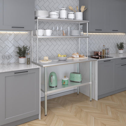 AmGood Stainless Steel Double Deck Overshelf – 14 in. x 48 in. – Heavy Duty, NSF Certified, Commercial-Grade, Adjustable Tiered Shelf for Kitchen Prep Tables and Workbenches