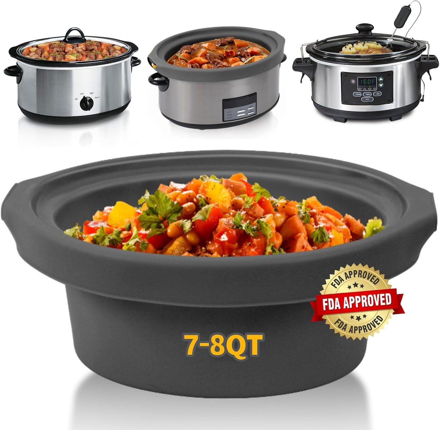 Slow Cooker Liners, Reusable & Leakproof Silicone for 7-8 QT Crock Pot, Dishwasher Safe, BPA Free (Grey)